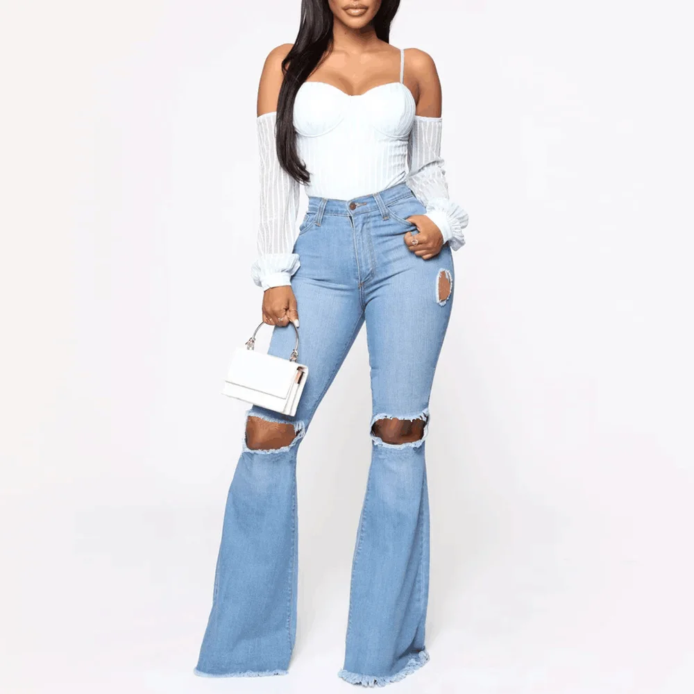 

Women Sexy Stretch Ripped Casual Jeans Summer Ladies High Waist Flare Long Hole Denim Pants Female Flare Pants D30