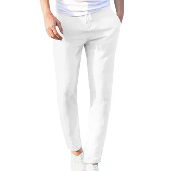 

Vogue Fashion Cotton Linen Pants Men Casual Work Solid White Elastic Waist Streetwear Long Pants Trousers
