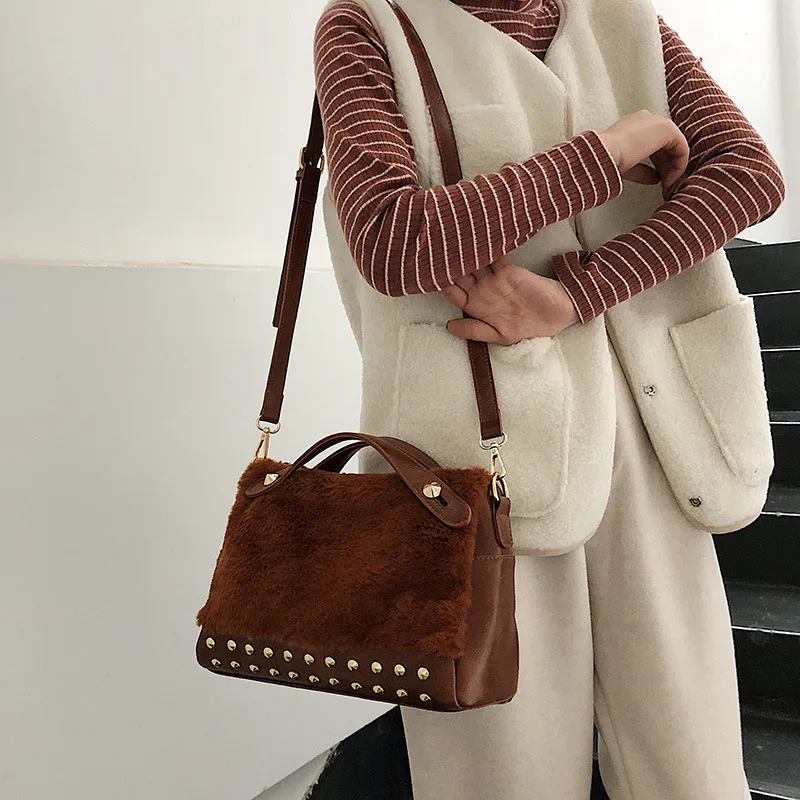 

JIULIN 2019 winter plush Boston pillow bag rivet shoulder slung women's bag