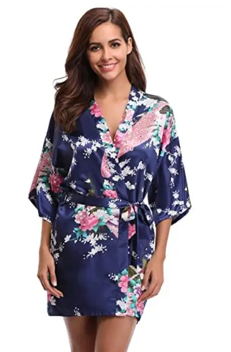 Silk Satin Wedding Bride Bridesmaid Robe Floral Bathrobe Short Kimono Robe Night Bath Fashion Dressing Gown For Women