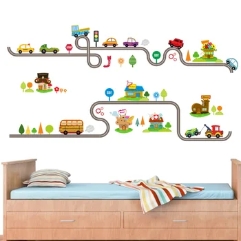

Junejour Creative Wall Stickers Cartoon Cars Track Wallpaper For Kids Rooms Sticker Home Bathroom Living Room Bedroom Decor