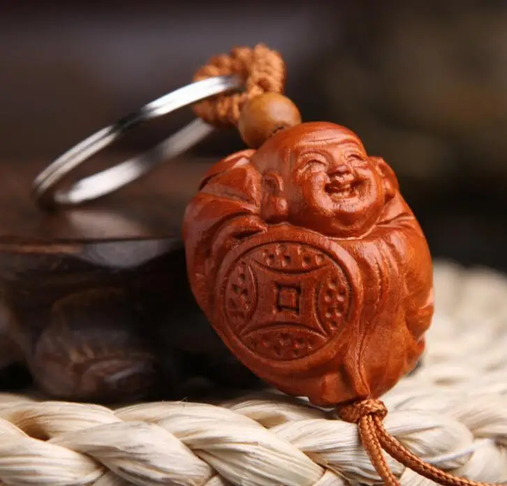 Китайский персиковый деревянный резной подвесной брелок для ключей Maitreya Buddha Happy