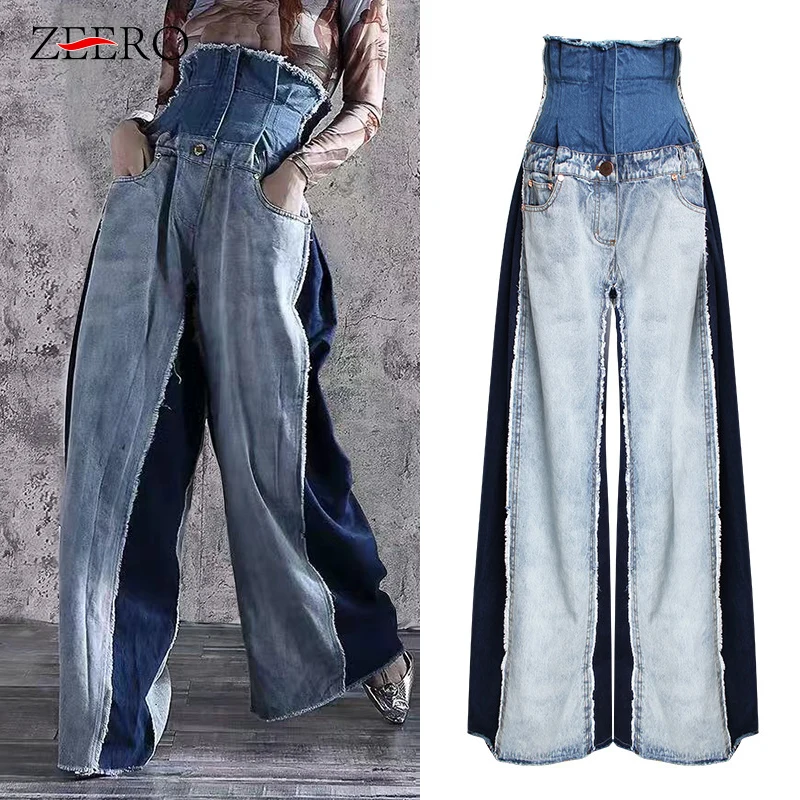 

Fashion Tide Plus Size Women Runway High Waist Jeans Loose Hit Color Denim Pocket Wide Leg Long Jean Pants Streetwear Trousers