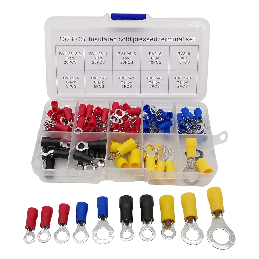 102Pcs Assorted Insulated Ring Crimp Terminal Electrical Wire Connector Kits+Box 