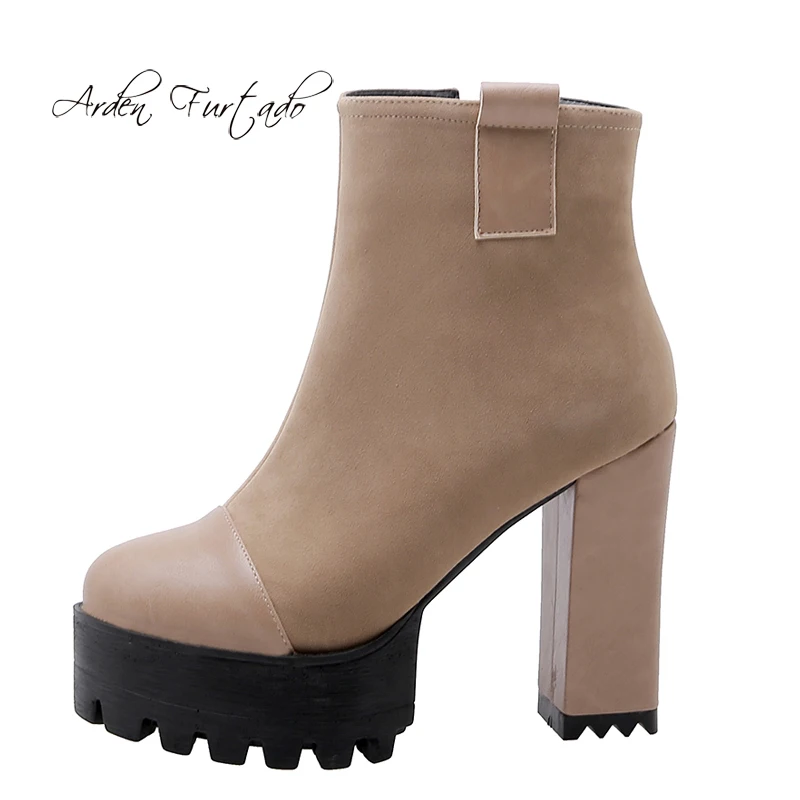

Arden Furtado 2019 Fashion Women's Shoes Winter Elegant Ladies Grey nude warm Boots Chunky heels Platform Matin boots size 32 33