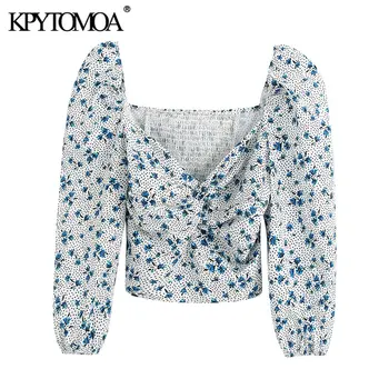 

KPYTOMOA Women 2020 Fashion Floral Print Cropped Blouses Vintage Three Quarter Sleeve Back Stretch Female Shirts Blusa Chic Tops