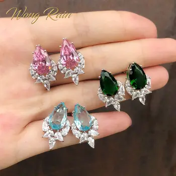 

Wong Rain 100% 925 Sterling Silver Pear Emerald Sapphire Aquamarine Gemstone Diamonds Earrings Ear Studs Fine Jewelry Wholesale