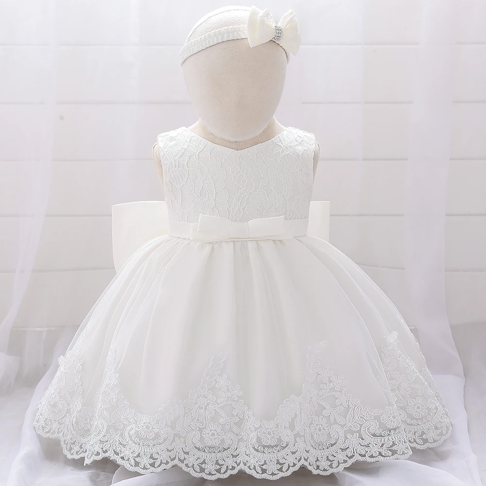 Крещение новорожденного платье для маленьких девочек кружевные вечерние платья с цветочным рисунком платье принцессы на день рождения для маленьких девочек с большим бантом, От 0 до 2 лет L1911XZ