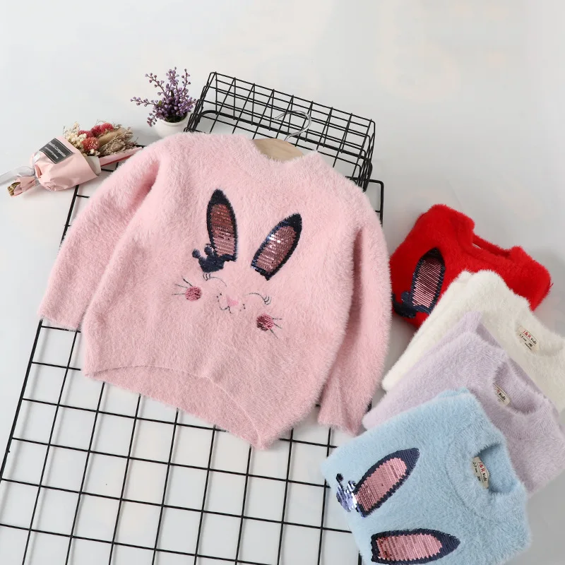 Детская одежда для девочек; водонепроницаемый кашемировый свитер с норкой; Детский свитер; коллекция года; сезон осень-зима; универсальная рубашка с блестками; милый топ с кроликом