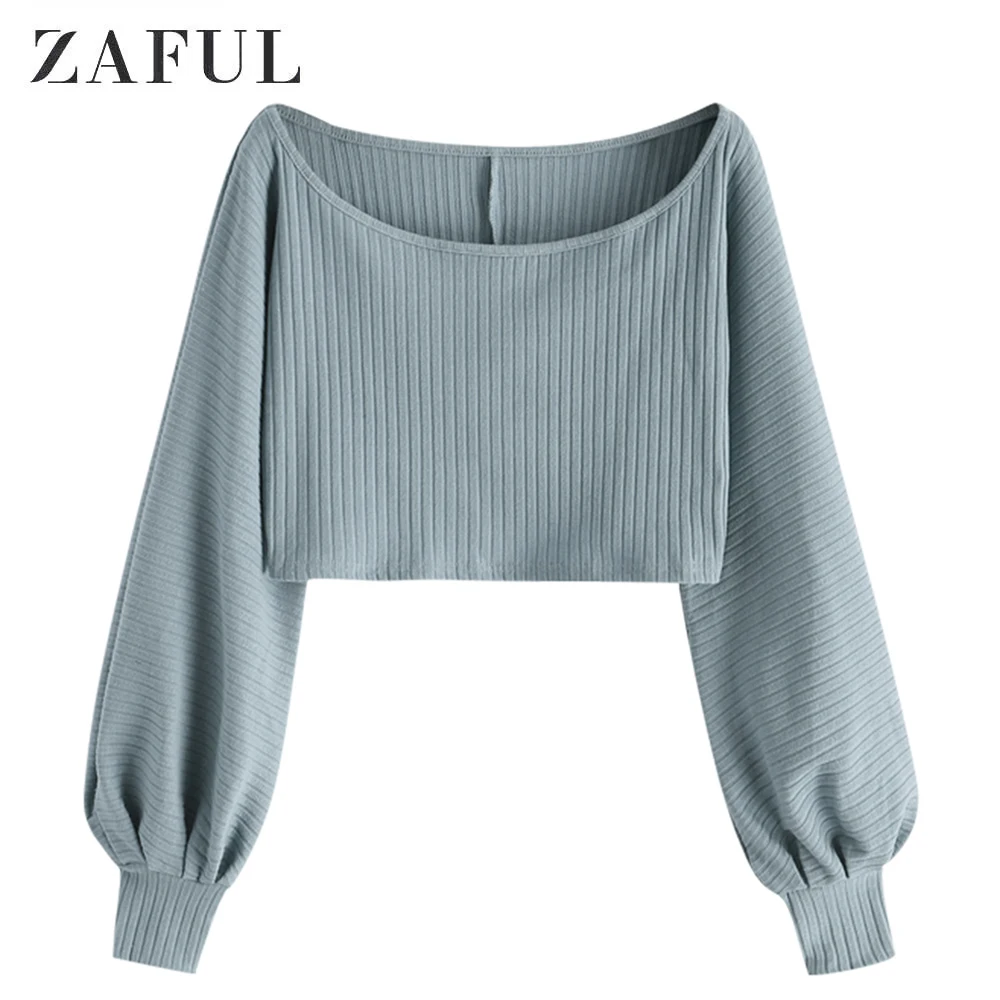 ZAFUL ребристый укороченный топ с рукавом-фонариком для женщин, уличная одежда, длинный пуловер с круглым вырезом, повседневные одноцветные базовые Топы, шикарные женские осенние
