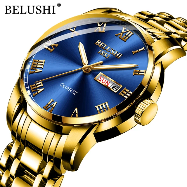 BELUSHI Top Brand Luxury Mens Watches Luminous Waterproof Stainless Steel Watch Quartz Men Date Calendar Business Wristwatch Golden Blue