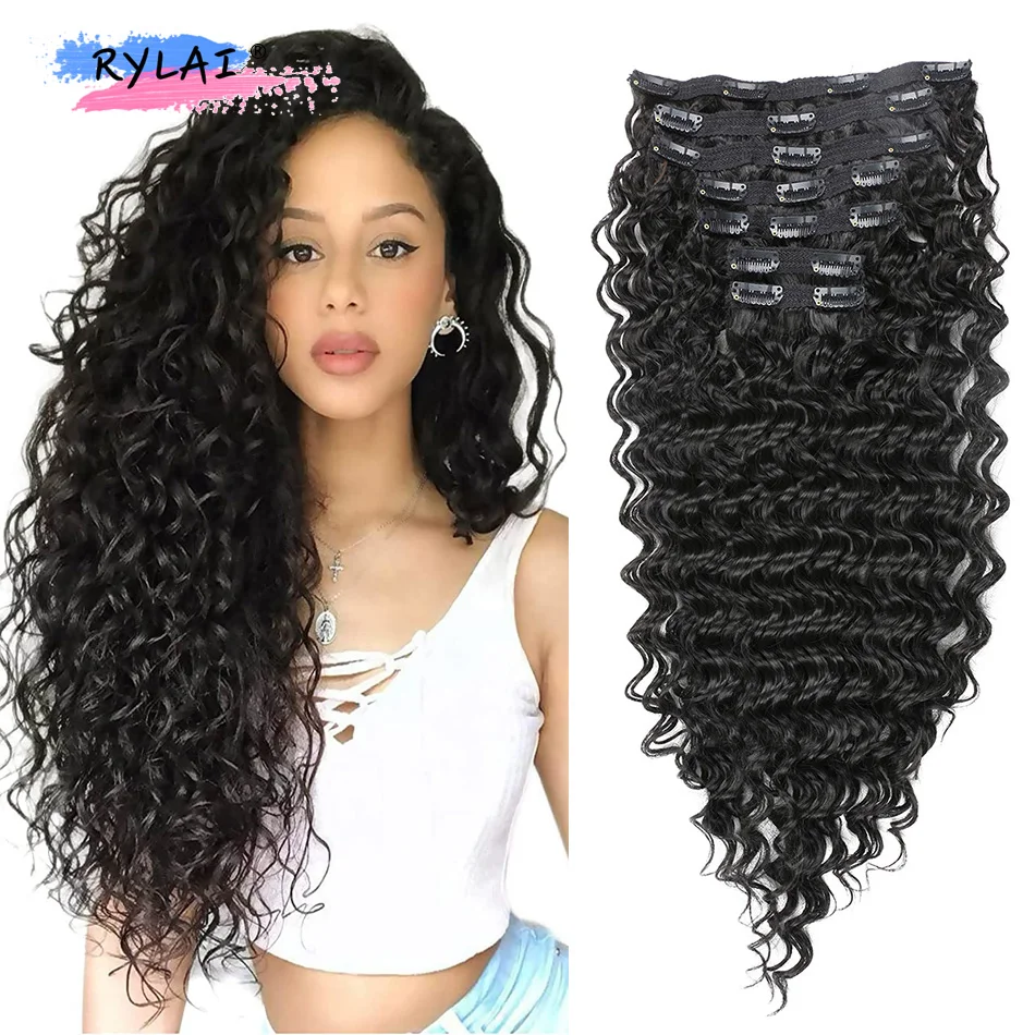 Clip Riccia Dell'Onda Profonda Nelle Estensioni Dei Capelli Sintetico 24 "Resistenza Al Calore Della Testa Piena Della Clip Riccia Dell'Onda Dell'Acqu