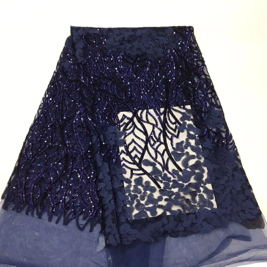 

(5yards/pc) Newest coming classical design African tulle lace navy blue French net lace with sequins embroidery for party FSS319