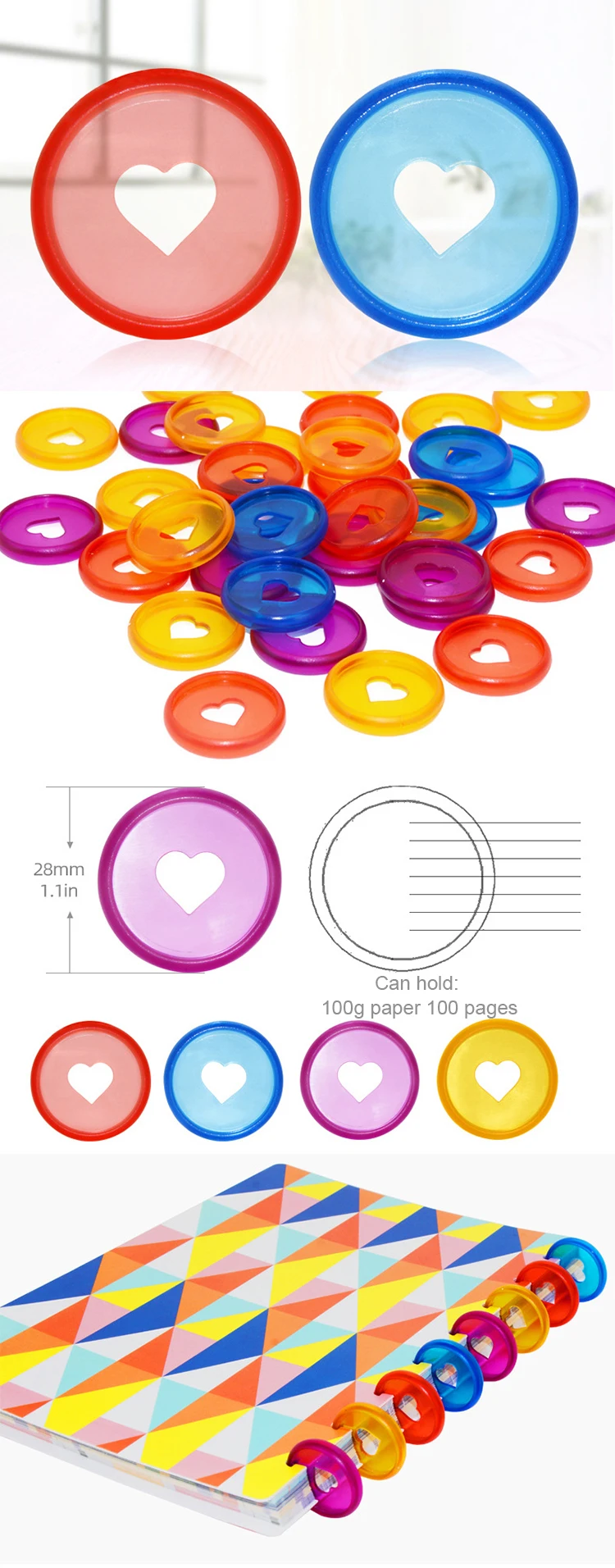 100 шт 28 мм блокнот в форме сердца с отверстием в виде гриба, пластиковые кнопки в рулонах с вкладышами, складной диск на 360 градусов, сделай сам, связывающее кольцо для записной книжки