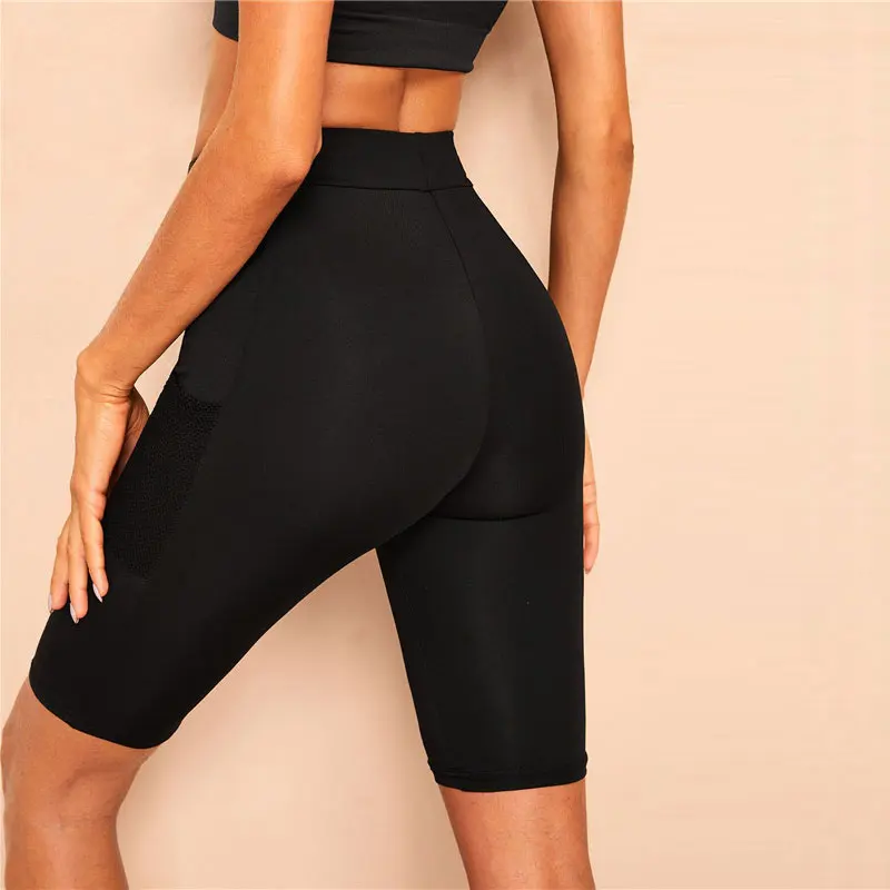 Romwe спортивные сетчатые однотонные обтягивающие леггинсы с карманами, шорты, летние эластичные спортивные шорты для женщин, черные шорты для йоги
