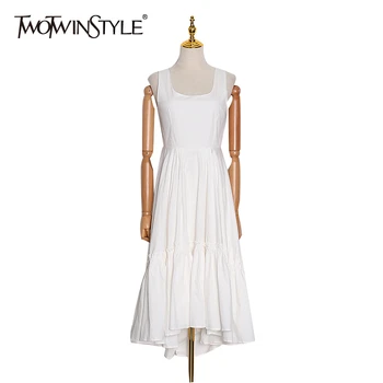 

TWOTWINSTYLE White Women's Dress Square Collar Off Shoulder Sleeveless High Waist Elegant Dresses Female 2020 Spring Fashion New