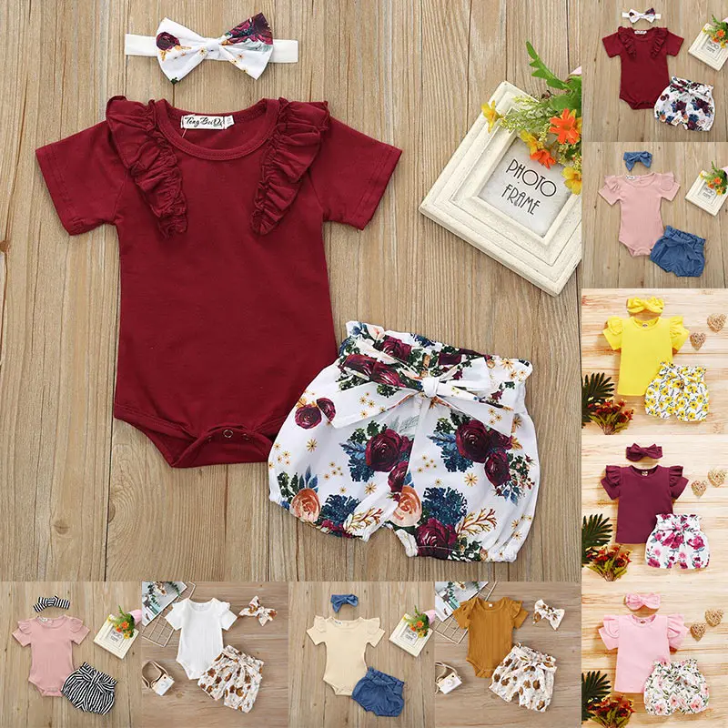 

Fashion 6M-24M Baby Girls Infant Clothes Set Summer Floral Romper Jumpsuit Shorts Headband Bowknot 3Pcs Outfits Set