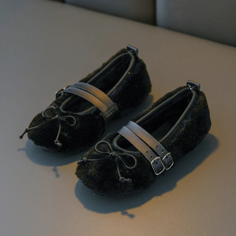 Shoes Warm Princess Toddler Girls Plush Autumn And Winter Solid Cotton Fur Lining Fashion Walker Cute Girls Plush Shoes - Color: Black