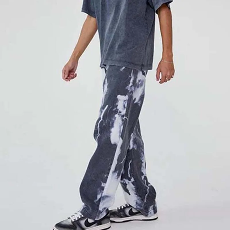 Tie-Dyed Lightning Print Men Denim Straight Pants Casual Men's Clothing Comfort Relaxed Loose Hip Hop Boys Jeans Jogger Trousers