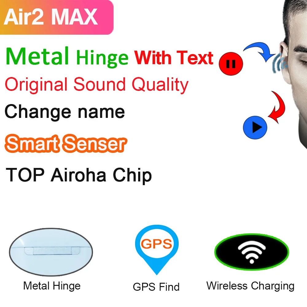 Airs max Tws Air2 Earphones Rename Metal Hinge Wireless Bluetooth Earbuds Smart Sensor PK i500 i1000 i9000 i99999 plus MAX TWS