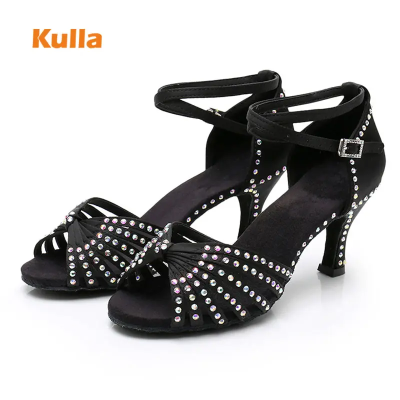

Women Salsa Latin Dance Shoes Bling Rhinestone Ballroom Dance Shoes Black Satin Woman Professional Dancing Shoes High Heeled 7cm