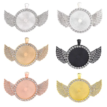 

10 Pcs Round Rhinestone Bezel Cabochon Trays with Wing Photo Pendant Setting Jewelry Making Crafts Fit 30mm Cabochons