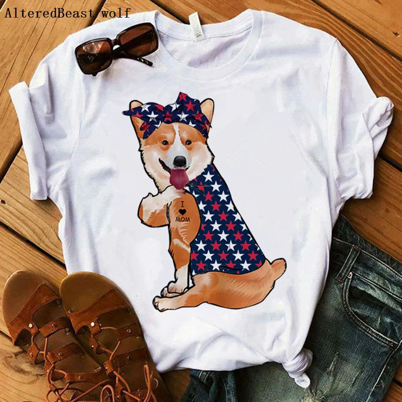 

American Flag Bandana Corgis Dog I Love Mom T-shirt Women Summer Harajuku Mama T Shirt Female Hip Hop 2021 dog Tshirt Clothes