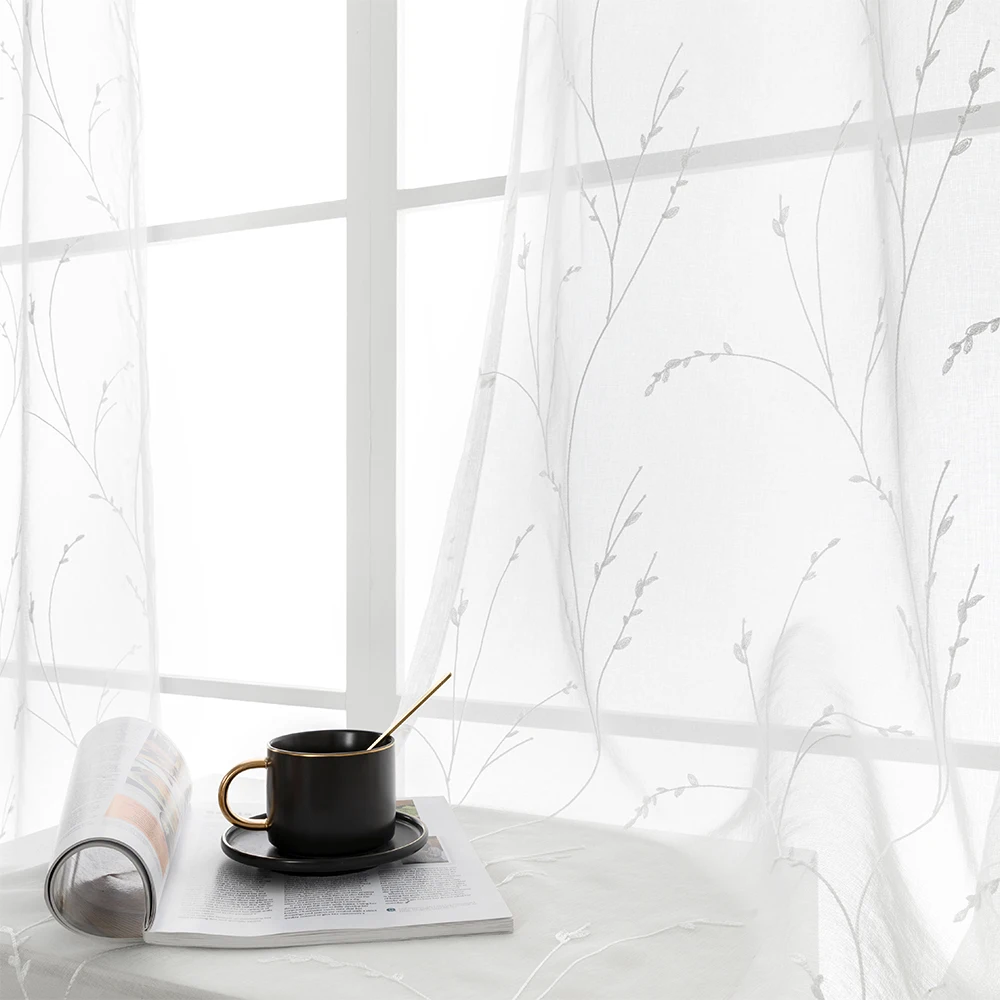 MRTREES  Leaves Embroidered Sheer Curtains Tulle Voile Curtains for Living Room Bedroom Kitchen Window Treatment Drapes