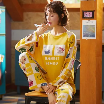 

Cartoon Printed Plaid Pajama Green Women's Pyjama Set Long Sleeves Long Pants Pijama Cute Nighty Cotton Sleepwear Women 2Pcs