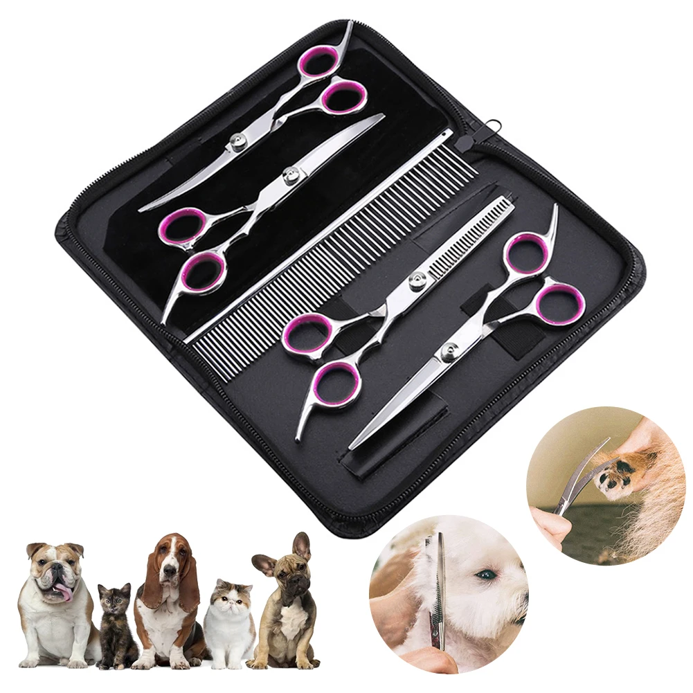 5 unid/set Manual Pet tijeras de peluquería canina Kit profesional de acero inoxidable de los gatos y los perros pelo Pelo tijeras con bolsa de cuero