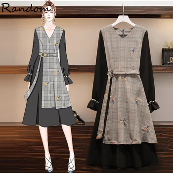 

Women Long Sleeve Plaid Black Patchwork Embroidery Office A Line Dress Plus Size 2020 Winter Vintage Beaded Party Dress Vestido