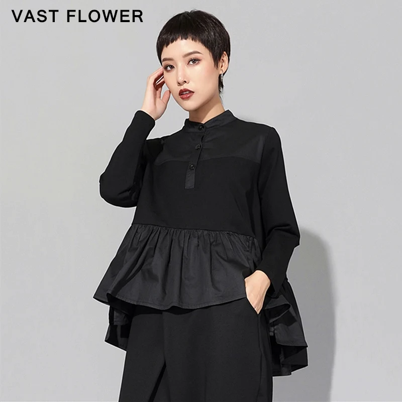 

Irregular Pleated Black T-Shirt Women Stand Collar Long Sleeve Clothes Fashion Loose Tee Shirt Femme Tops Spring Autumn 2023