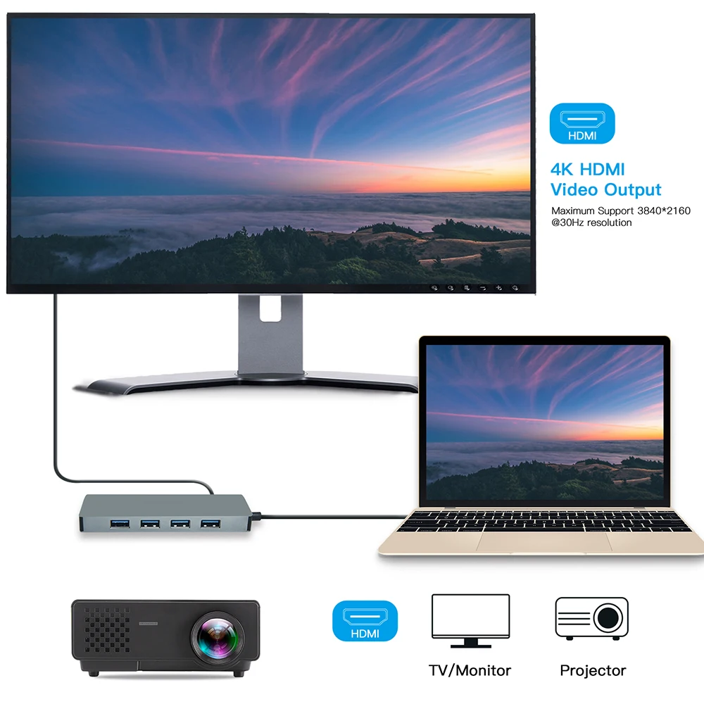 10 в 1 Miltifunctional док-станция USB C к USB3.0 4K HD 1080P VGA 1 Гбит/с сеть Ethernet 60 Вт PD SD Card Reader Hub