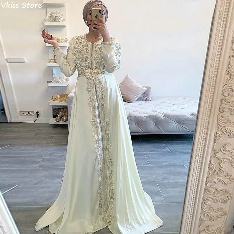 

Vkiss Ivory Evening Dress Satin Elegant Floor Length Full Length Sleeves Muslim Applique Beading Prom Dress