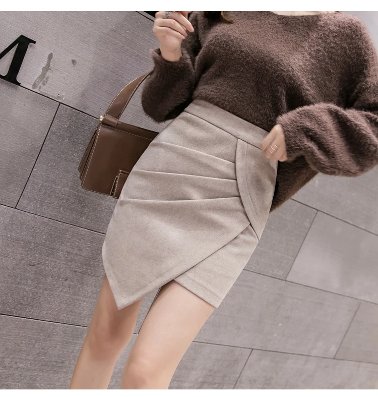 Осень Зима мини элегантные женские юбки с высокой талией Асимметричные плиссированные юбки женские корейские шикарные Большие размеры юбка jupe femme