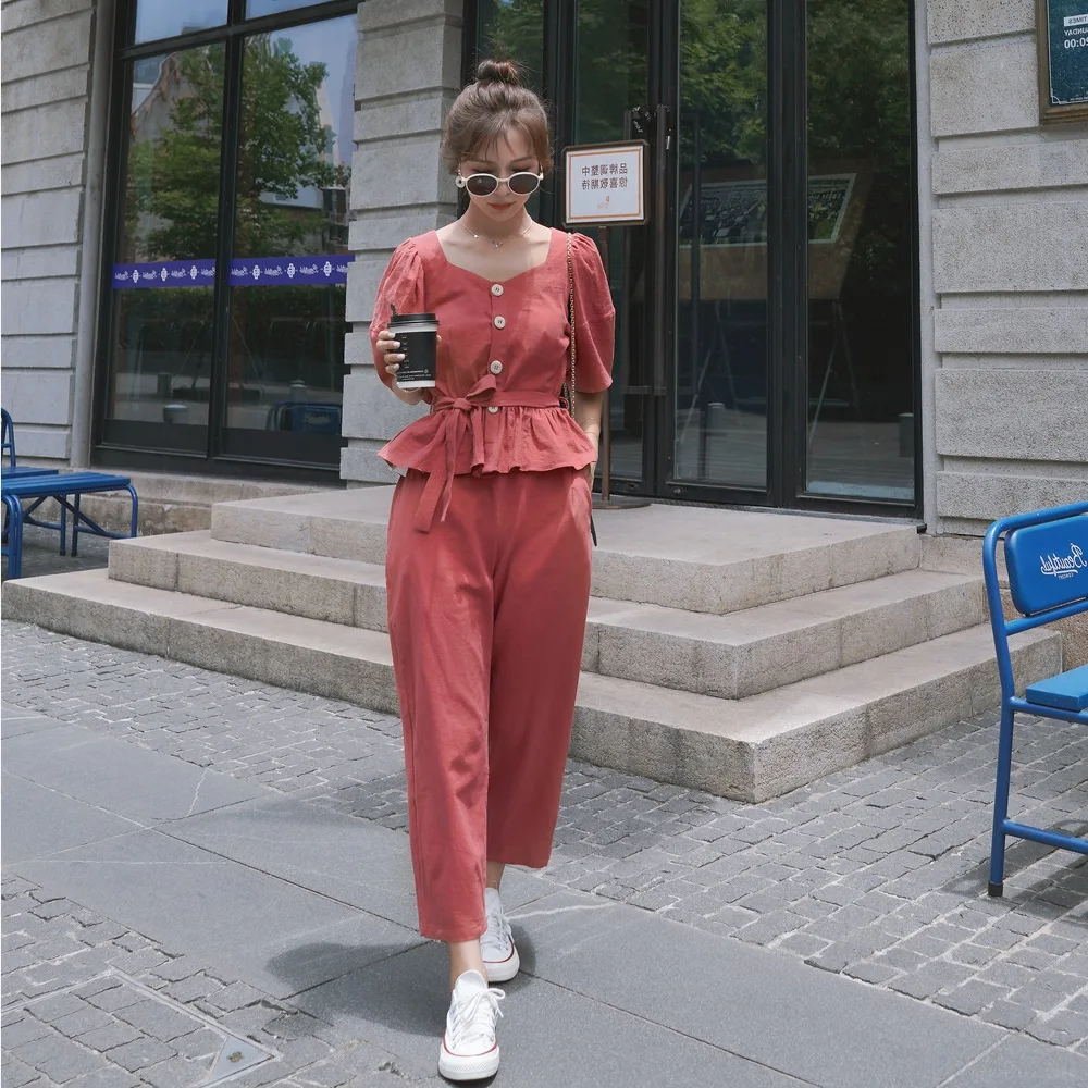 

French Intellectual Smoked-WOMEN'S Suit 2019 Summer New Style Retro Laziness-Style Waist Hugging Tops + High-Waist Pants Two-Pie
