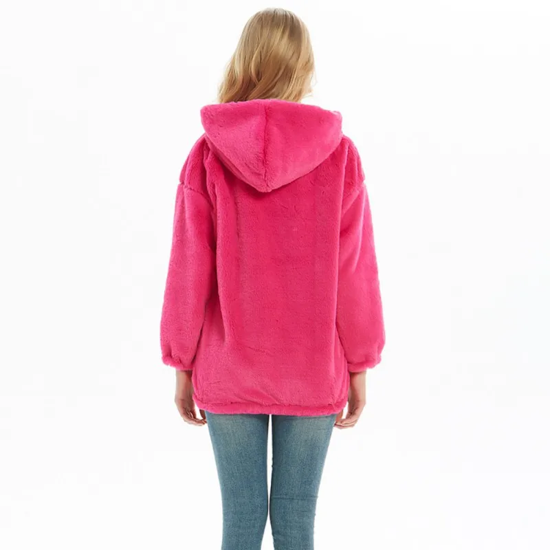 Женская мода, простой зимний теплый пуловер с длинным рукавом, толстовка с капюшоном из искусственного меха, плюшевая толстовка с капюшоном, пальто
