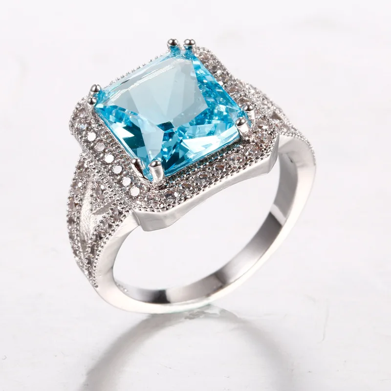 Bague Ringen, прямоугольное кольцо с аквамарином, серебряное, 925, для женщин, для женщин, с геометрическим орнаментом, хорошее ювелирное изделие с драгоценными камнями, подарок на помолвку, Size6-10 - Gem Color: Blue