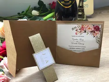 

Free Shipping 1pcs Kraft Laser Cut tri-fold Pocket Wedding Invitation Cards Kit Envelope Personalized Pocket Invite RSVP