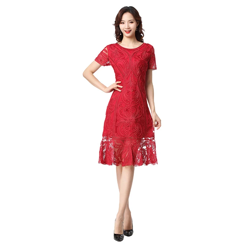 Red New Style Women Embroidered Outfit Short Sleeves Tulle Mesh Floral Dress Zipper Retro Party Vintage Dresses - Цвет: Red