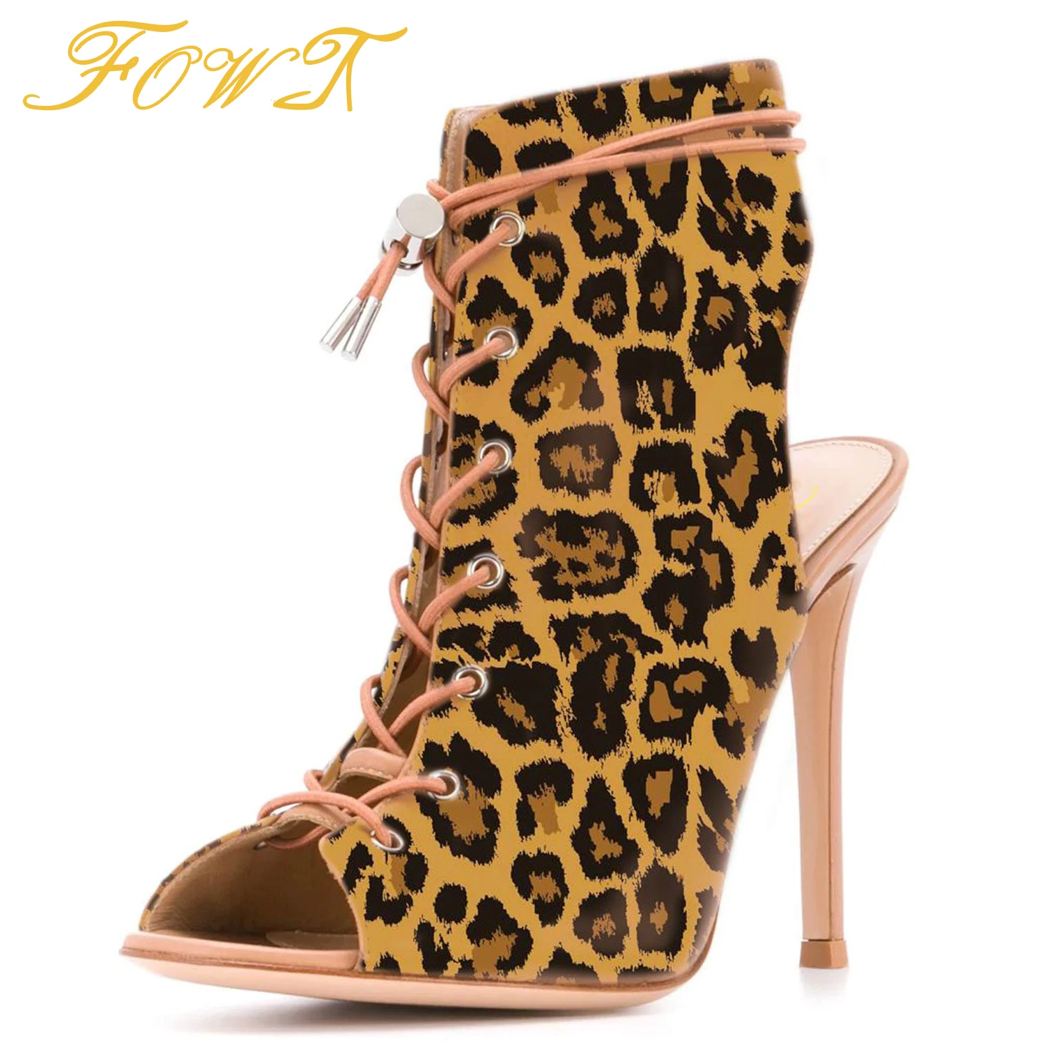 

Leopard Stiletto Super High Thin Heels Slingbacks Women Summer Ankle Boots Peep Toe Lace Up Booties Ladies Fashion Sexy Shoes