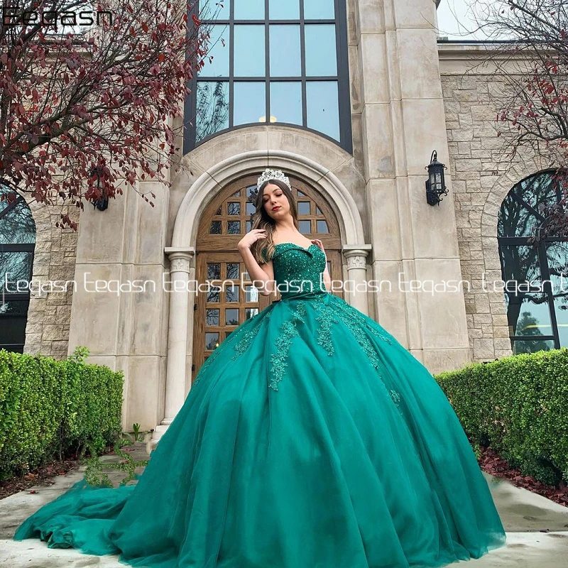 

Платье принцессы зеленое с открытыми плечами, кружевное длинное бальное платье с аппликацией, бальное платье для выпускного вечера, пышное платье 15