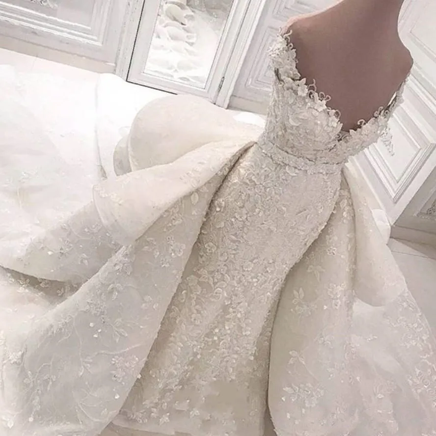 Luxury Ruffles mermaid Wedding Dresses 2022 Lace Off The Shoulder Chapel Bridal Gowns With V-neck Detachable Train Wedding Dress wedding dress for women