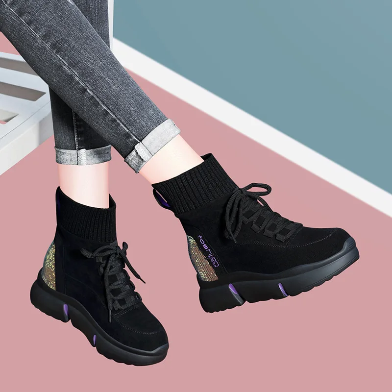 

Douyin Hot Selling Hight-top Socks Boots Women's 2019 Autumn & Winter New Style plus Velvet Elevator Short Boots Thin Boots Spor