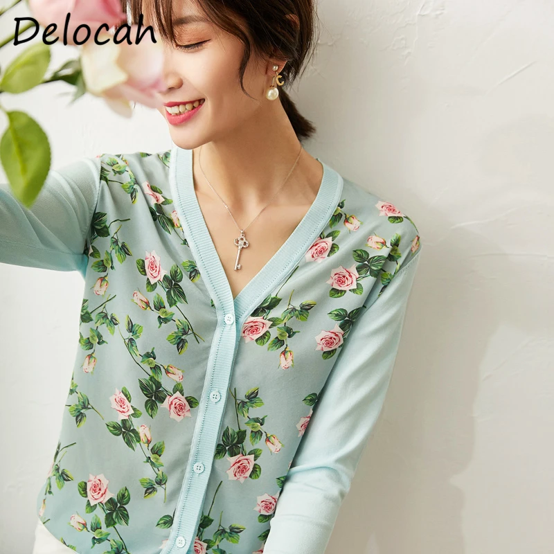 

Delocah Spring Summer Women Sweaters Runway Fashion Designer Sexy V-Neck Rose Printed Modern Female Knitting Cardigan Sweaters