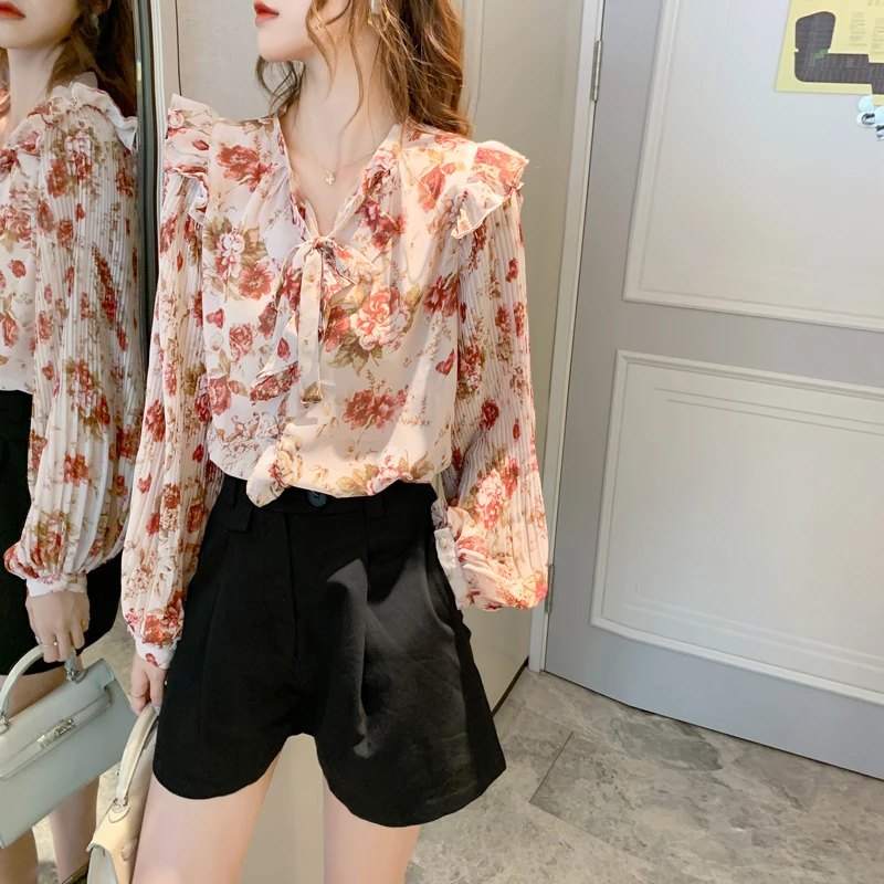 Women Tops 2020 Autumn Ruffled V-neck Tie Long