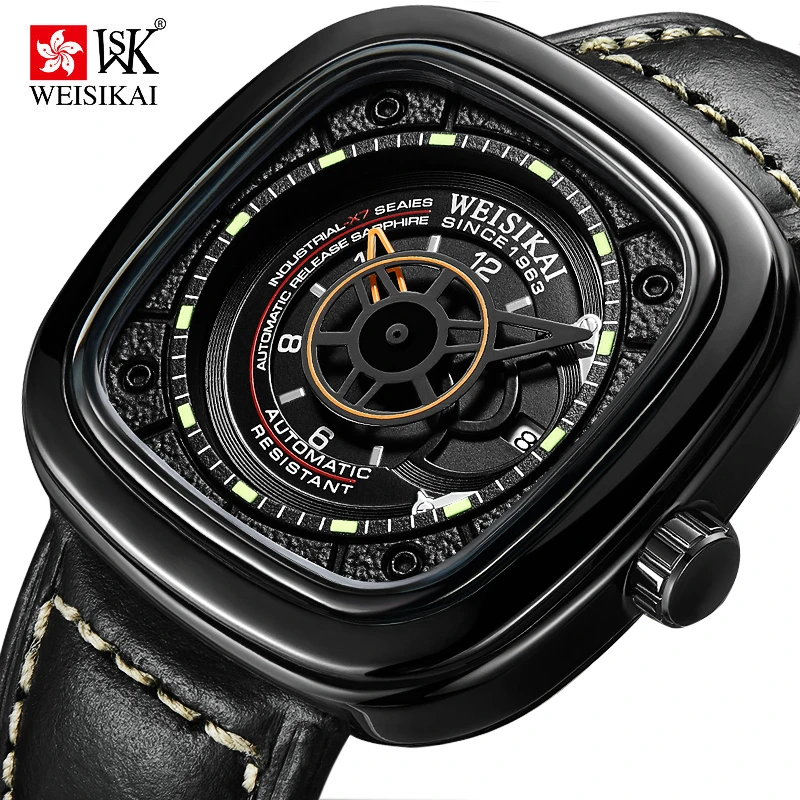 WEISIKAI Automatic Mechanical Watch for Men Calendar Luminous Square Creative Waterproof Male Leather Wristwatch Sport Clock 601