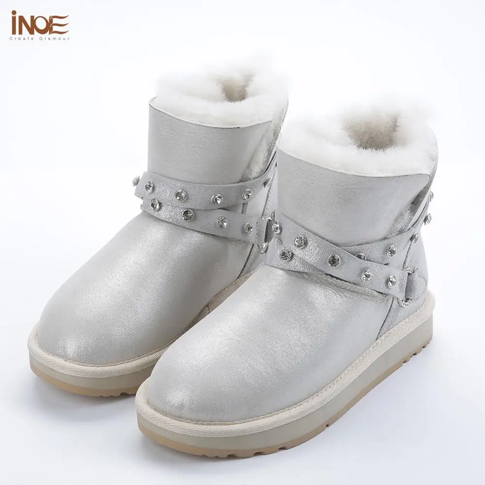 INOE/Специальный из овечьей кожи с натуральным мехом на подкладке Стразы ремень модные женские туфли; белые зимние сапоги теплая обувь на снежную погоду;