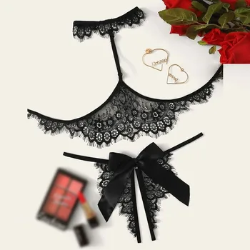 

2020 Multi Color Sexy Underwear Three Point Butterfly Tie Lace Women's Interest Suit Underwear Lace Print One Piece Pajama