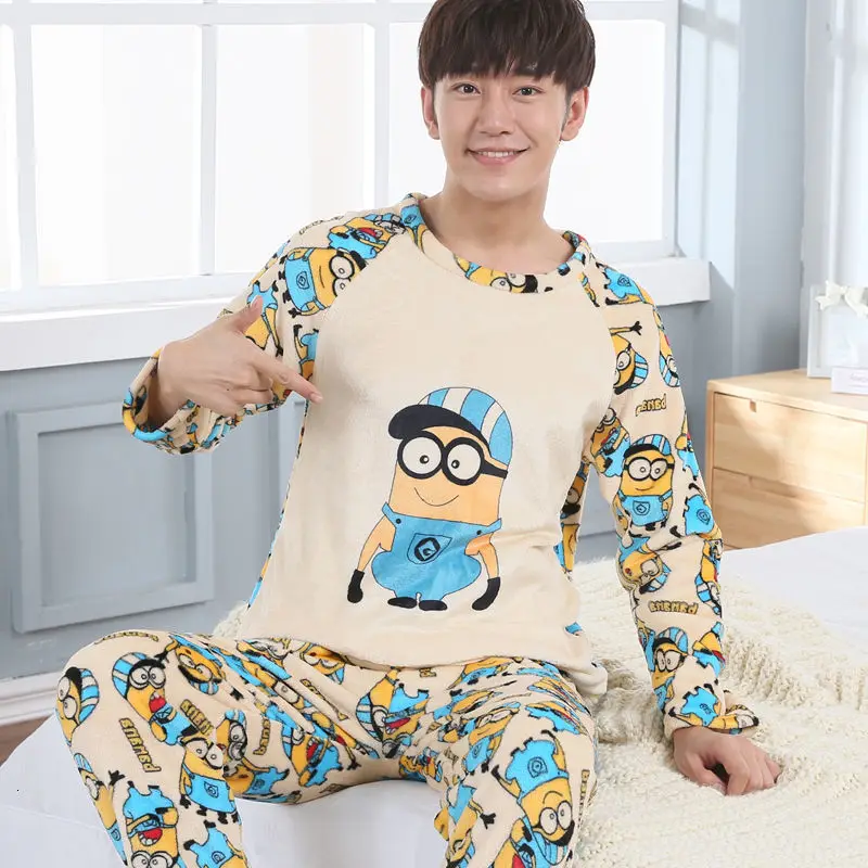 men pajamas winter Зимние мужские пижамные комплекты, толстая фланелевая теплая пижама с длинными рукавами и рисунком, коралловый флисовый Пижамный комплект для сна и отдыха, домашняя одежда - Цвет: men pajamas winter